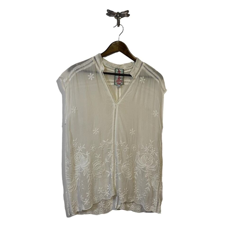Johnny Was Sheer White Floral Embroidered Sleeveless Blouse Women's Size Small